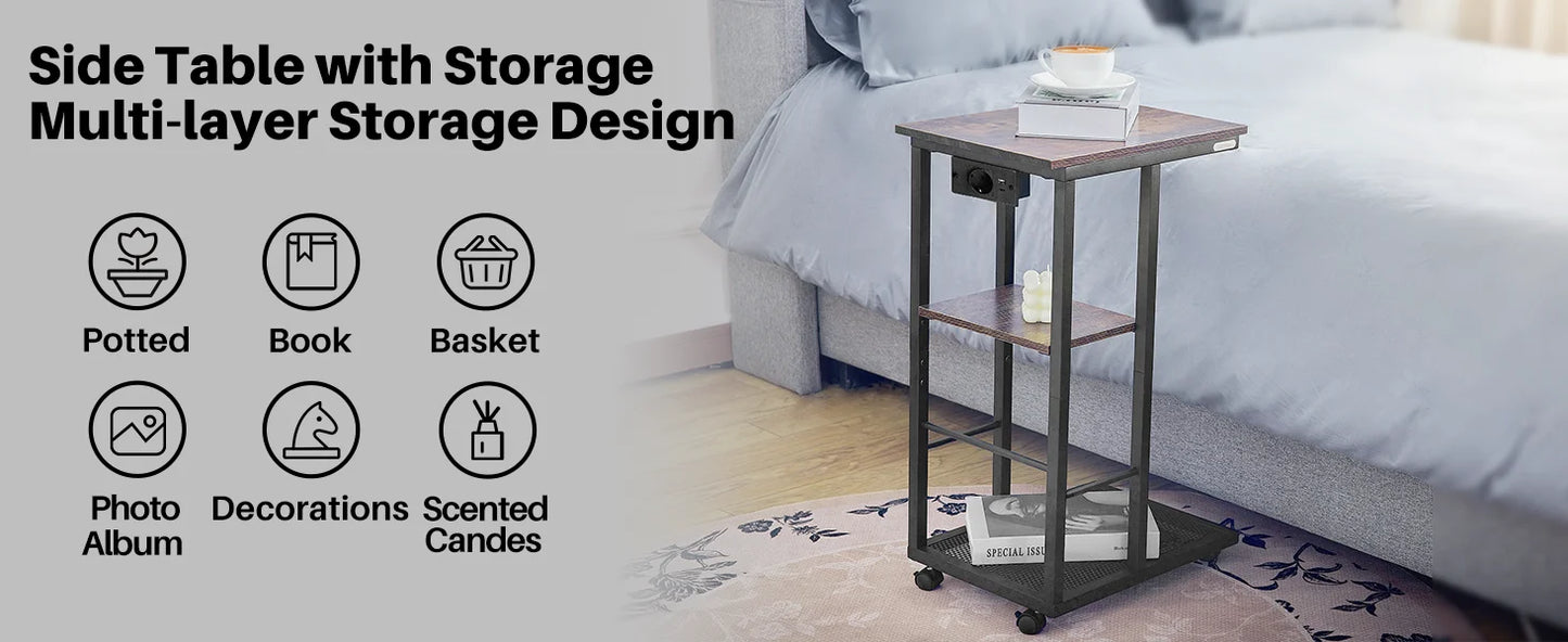 C Shaped End Table with Charging Station Rolling Wheels Small Space