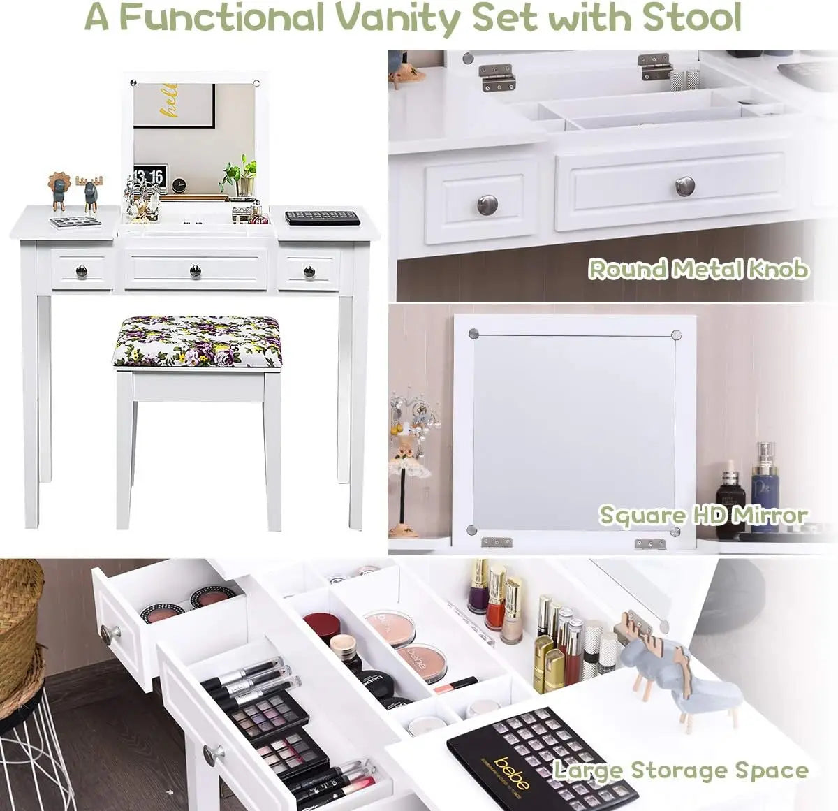 Makeup Vanity Desk with Flip Top Mirror and Cushioned Stool for Girls