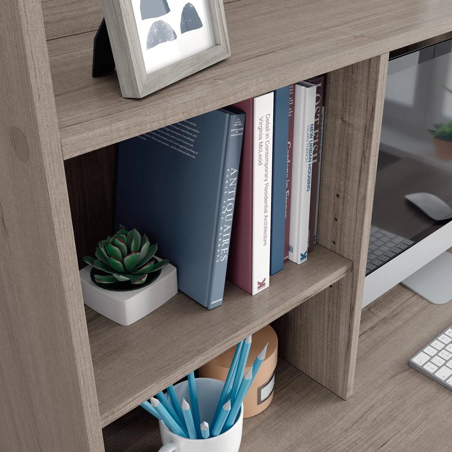 Stylish Silver Sycamore Computer Desk with Hutch and Drawer