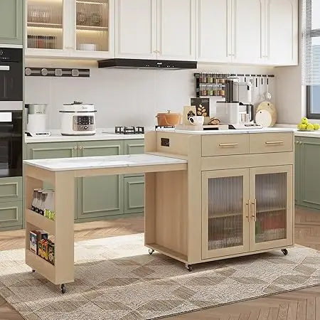 Kitchen Island with Extendable Table Power Outlets Rolling Cart