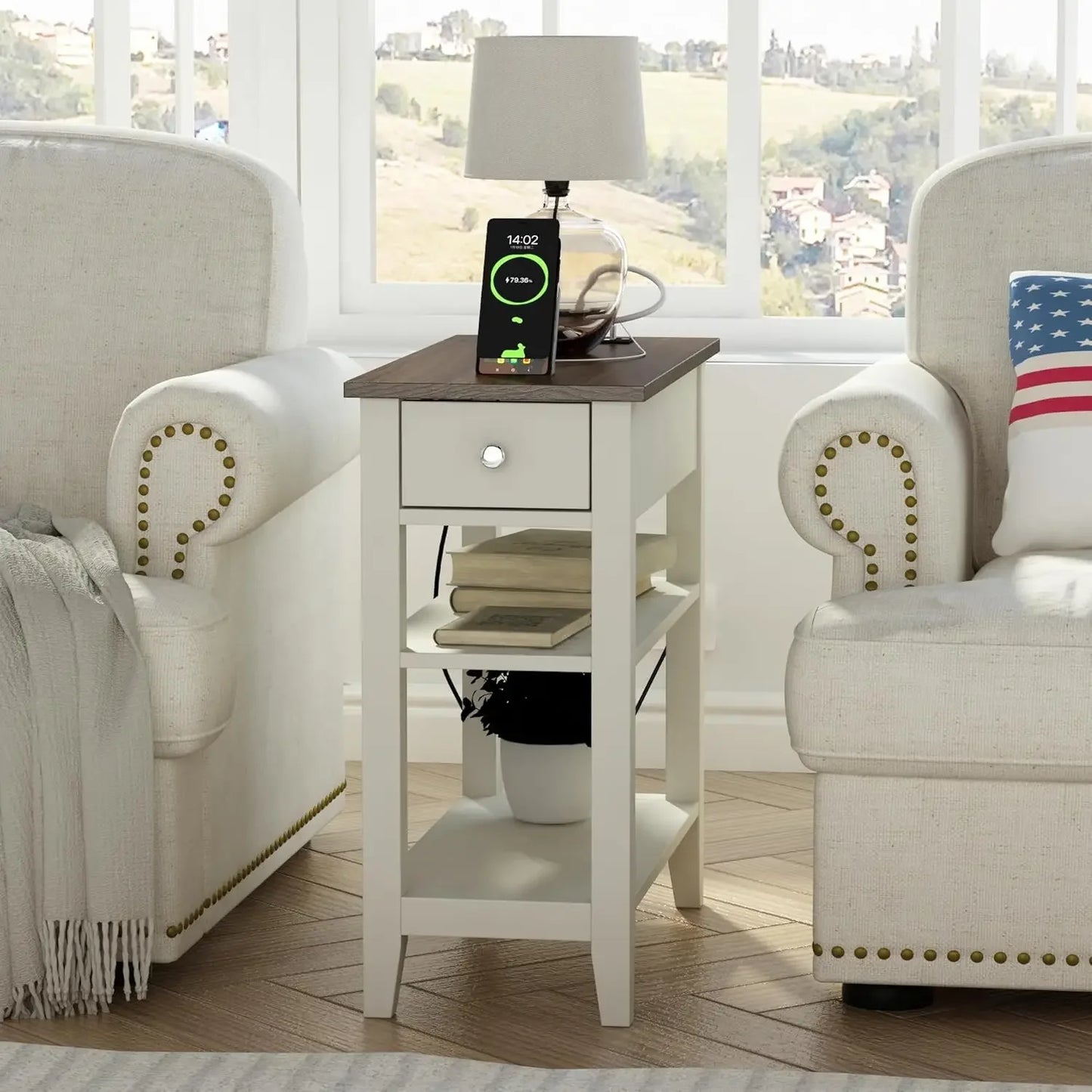 Farmhouse End Table Set of 2 Narrow Sofa Side Table with Charging Station