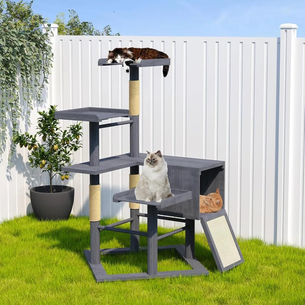 Ljustra Outdoor Cat Tree 67" Weatherproof Wood Tower with Condo Perches