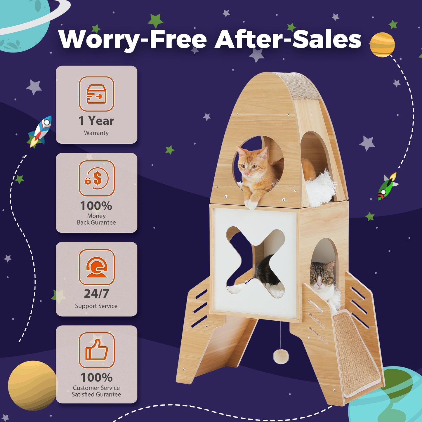 Modern Cat Tree Rocket Shape Wooden Indoor Cat Tower with Playhouse