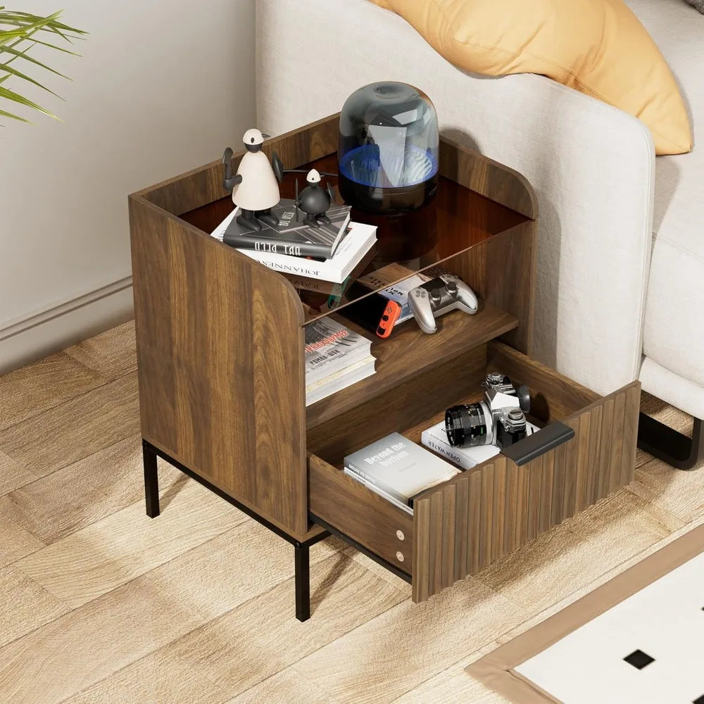 Mid Century Modern Nightstand with Charging Station and Glass Top