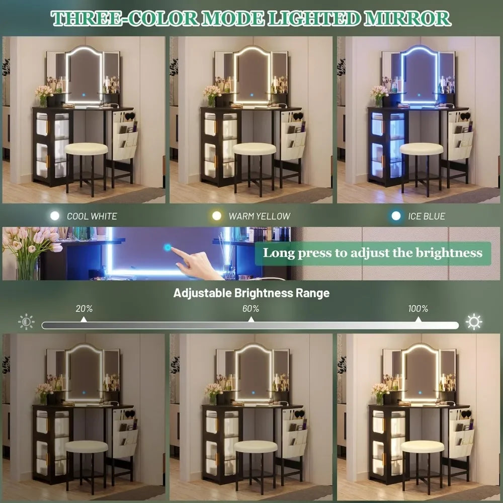 Corner Vanity Desk with Mirror LED Lights Makeup Charging Station