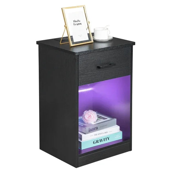 Modern LED Bedside Table with Drawer and USB Charging Black