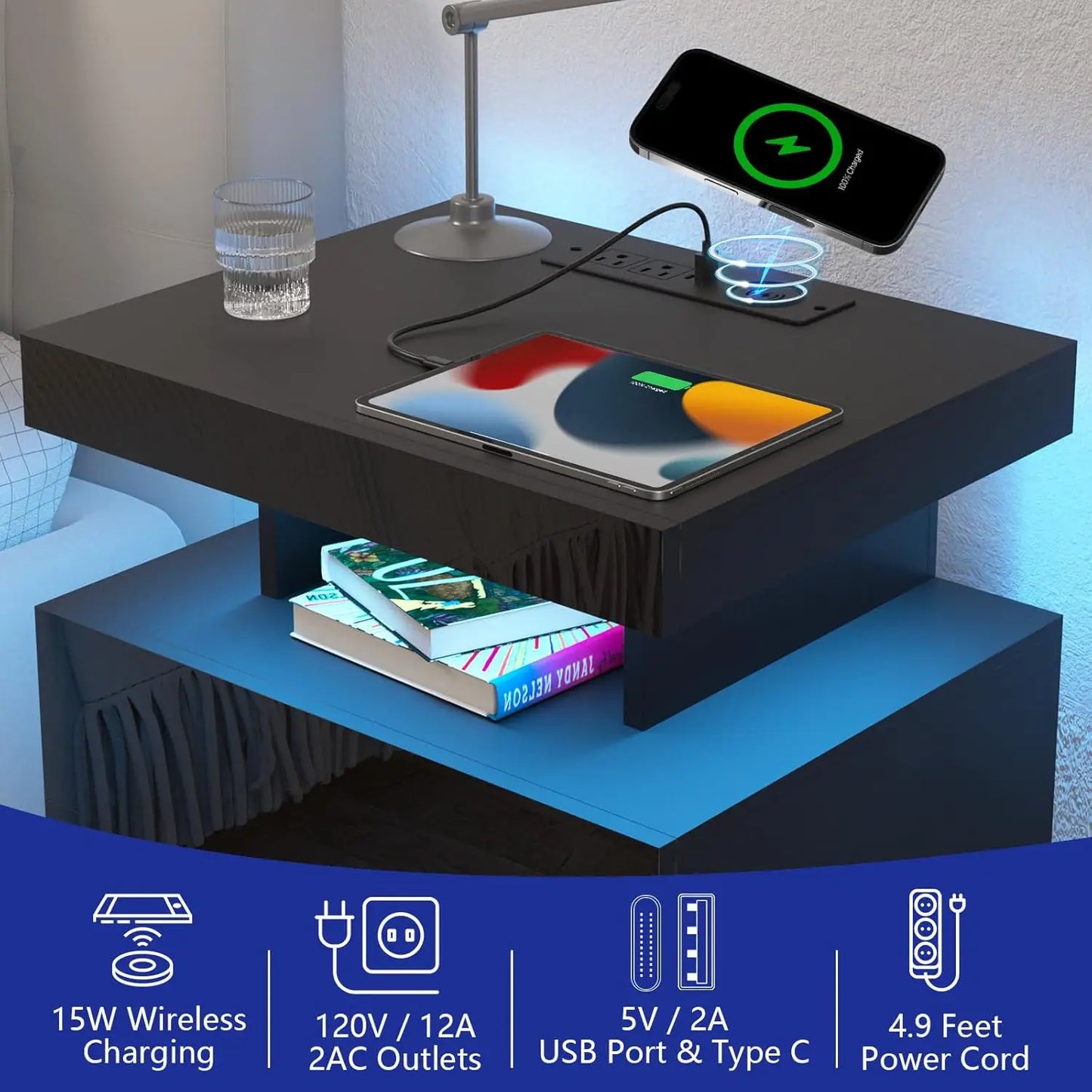 Nightstand with Wireless Charging USB Ports Modern Bedside Table Storage