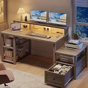 63 Inch Farmhouse Computer Desk with Drawers LED Lights Shelves