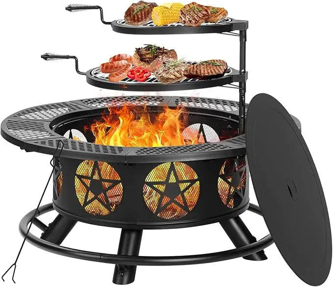 42 Inch Fire Pit with Grills Lid Poker Heavy Duty Outdoor BBQ