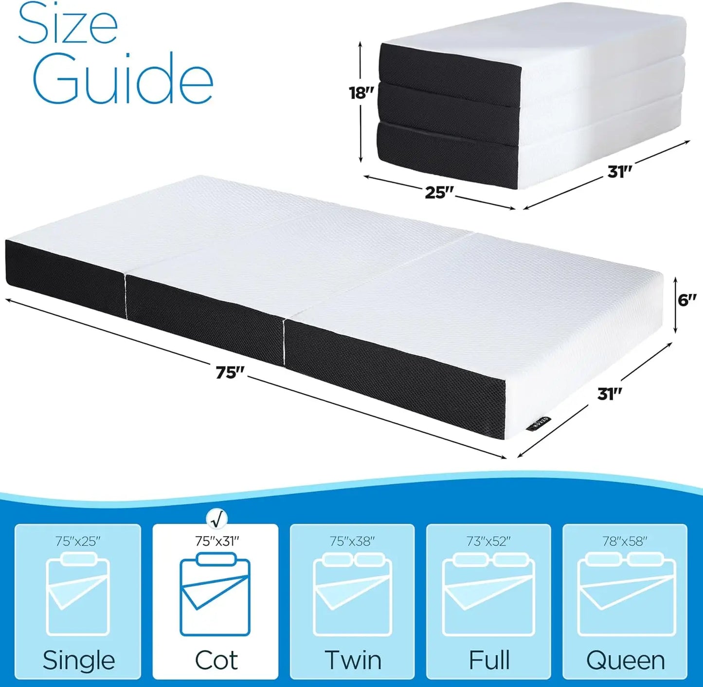 Ljustra 6 Inch Folding Mattress Tri-Fold Memory Foam Topper for Dorms