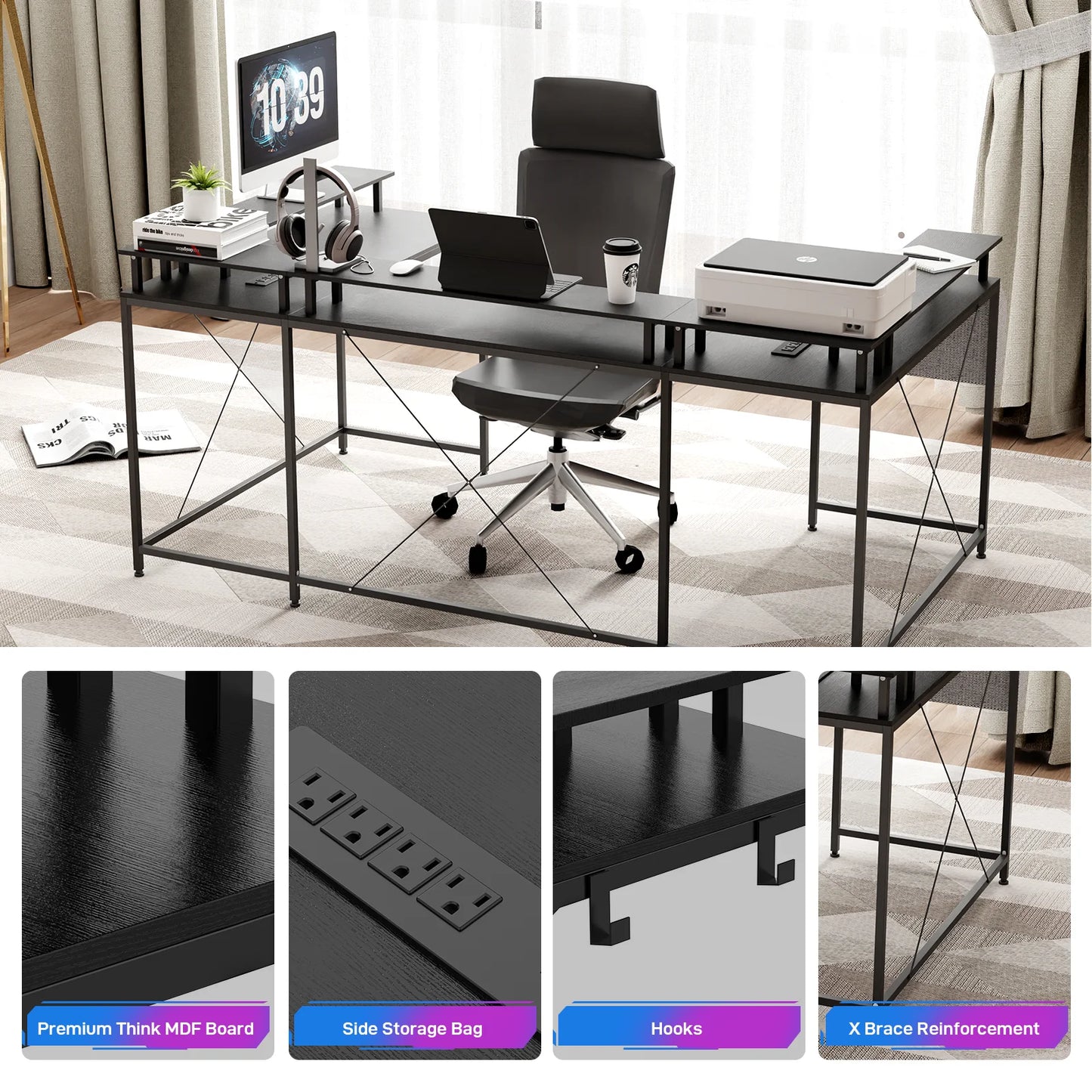 Modern L-Shaped Computer Desk with LED Lights Power Outlet and Shelves