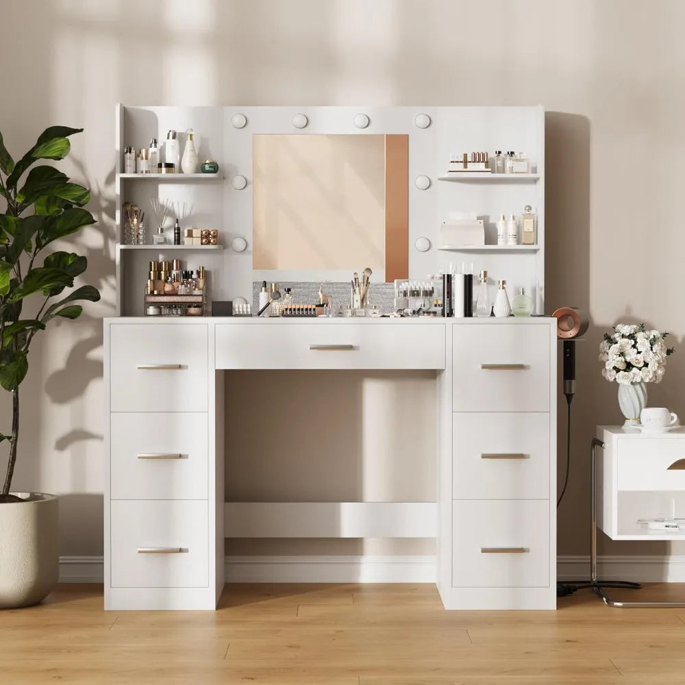 Vanity Desk with Mirror LED Lights Power Outlet 7 Drawers Storage