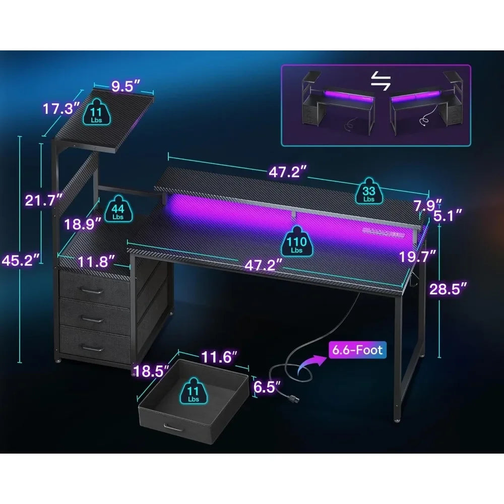 59 Inch Gaming Desk with USB Ports LED Light Reversible Storage Shelves