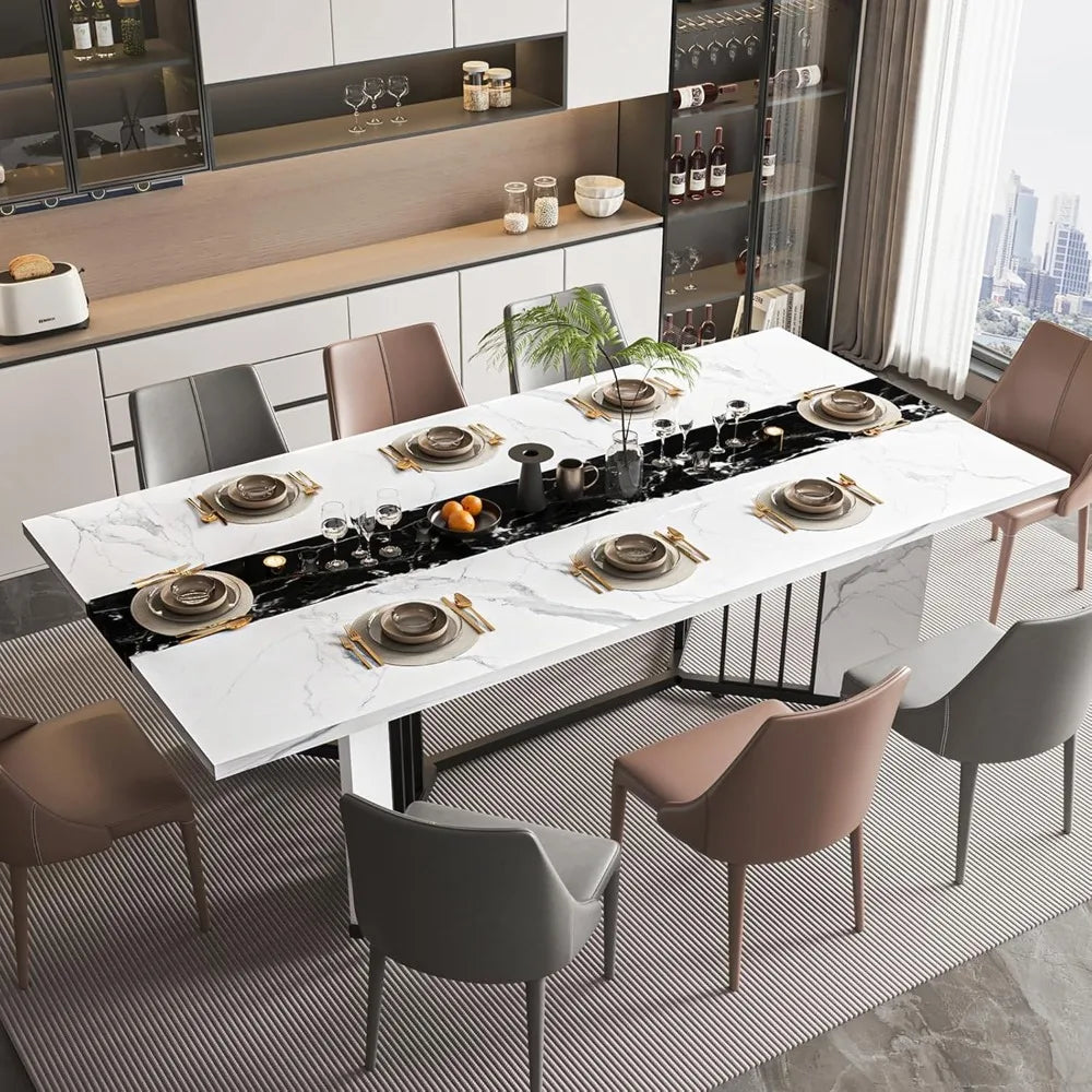 Modern 71 Inch Dining Table for 6 8 10 People Rectangular Faux Marble