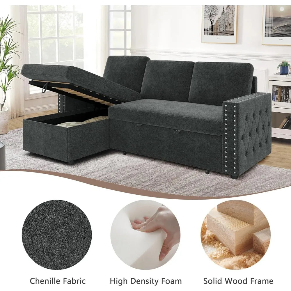 Reversible Sleeper Sectional Sofa Tufted Chenille L-Shaped Couch