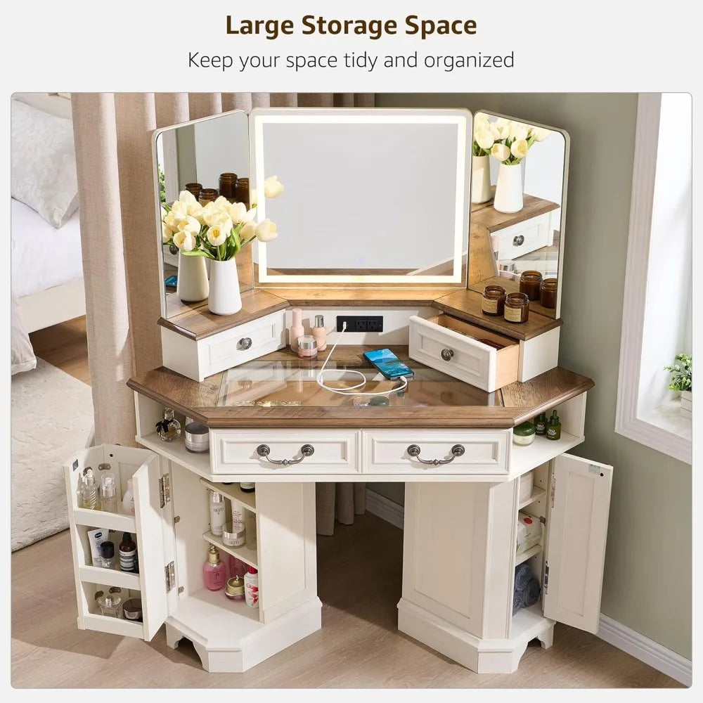 Makeup Vanity Desk with 3 Way Mirror Lights Farmhouse Dressing Table