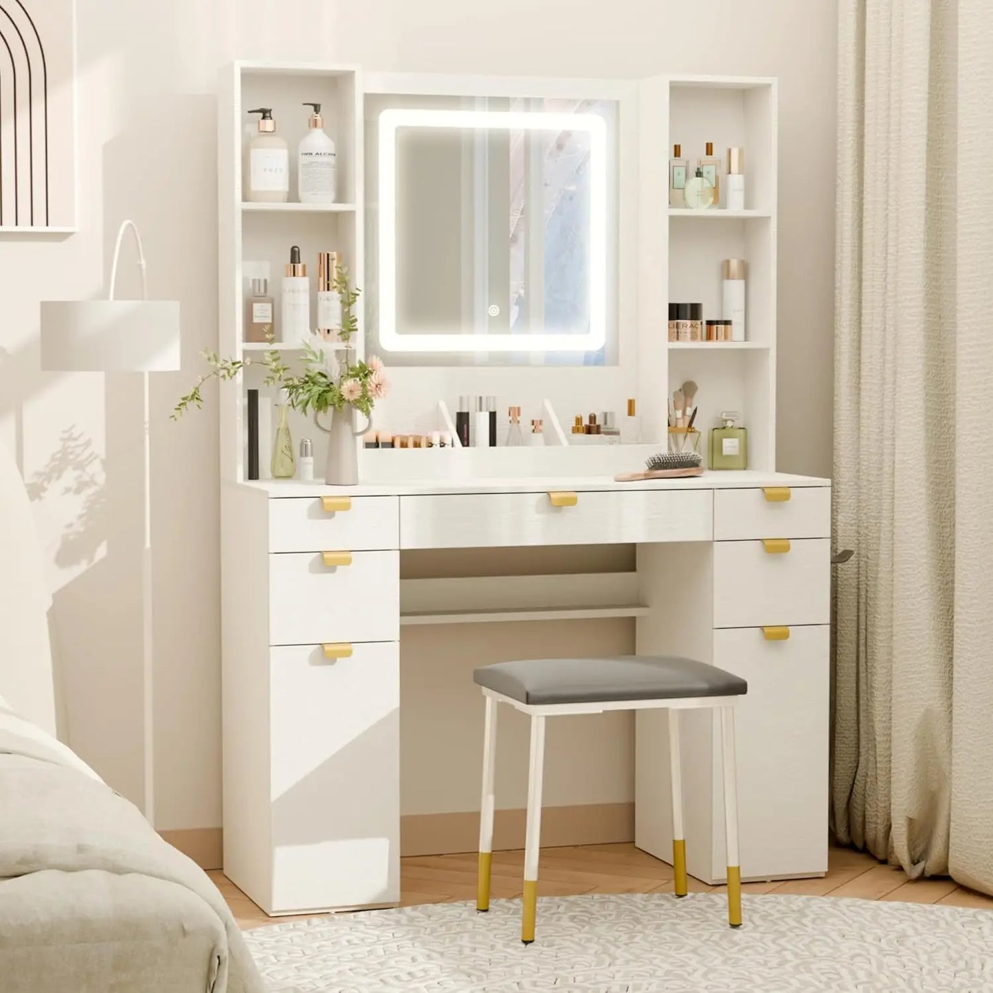 Makeup Vanity Table Set with Mirror Lights and Chair Touch-Sensitive