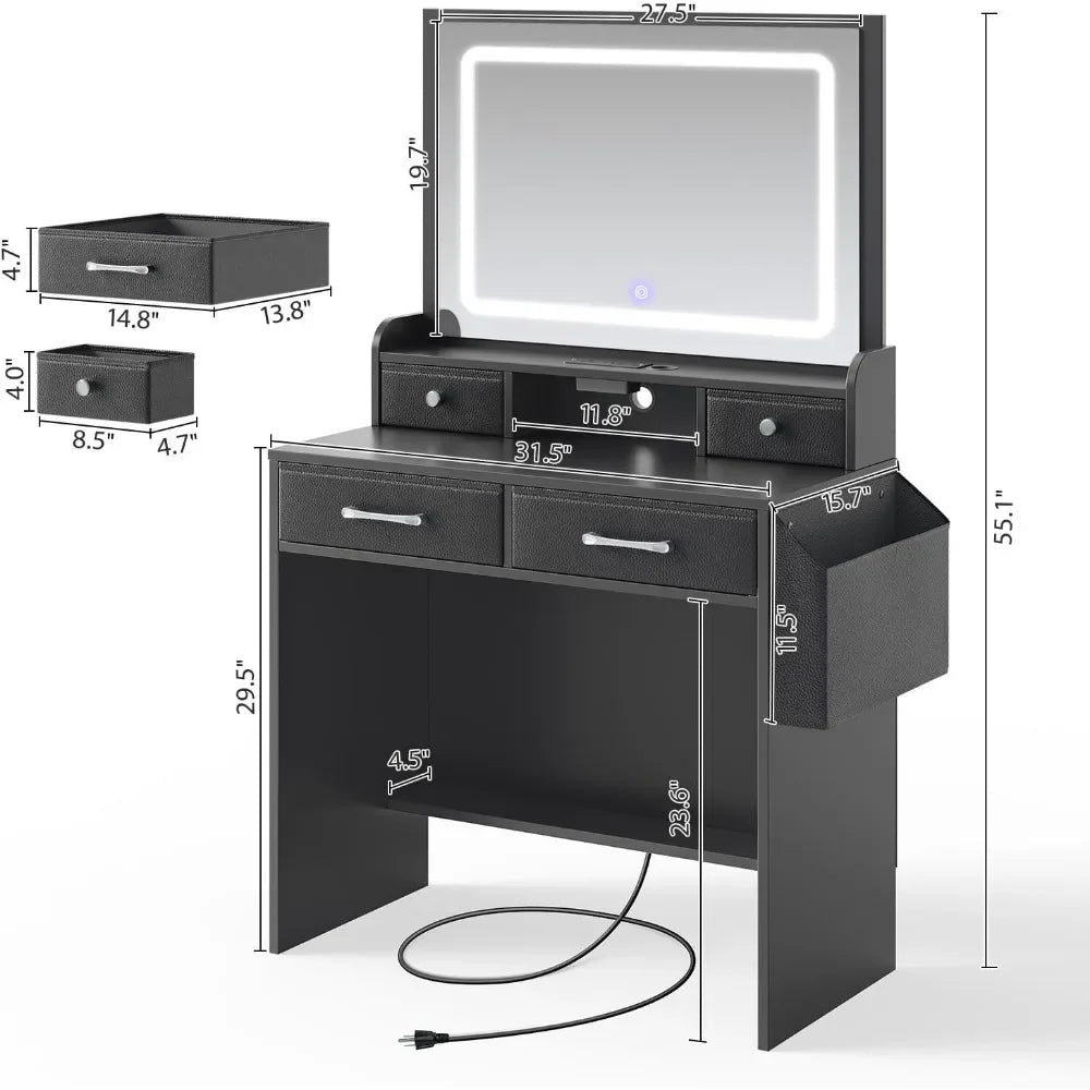 Ljustra Vanity Desk with LED Lighted Mirror and 4 Fabric Drawers