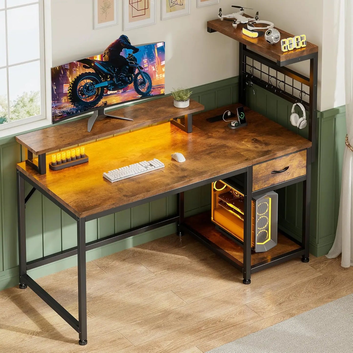 Ljustra 48 Inch Reversible Computer Desk with Power Outlets and LED Lights