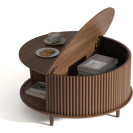 Round Coffee Table with Storage Mid Century Modern Fluted Design