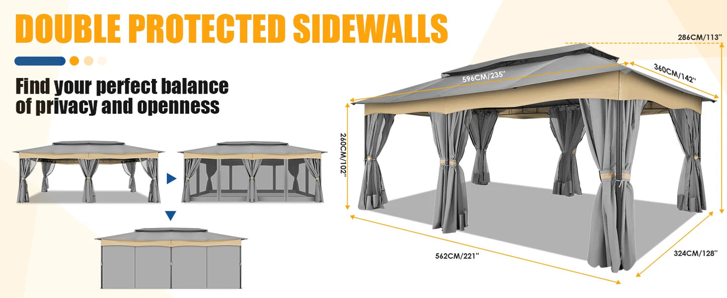 12x20 Outdoor Gazebo with Privacy Curtains Mosquito Netting Metal Frame