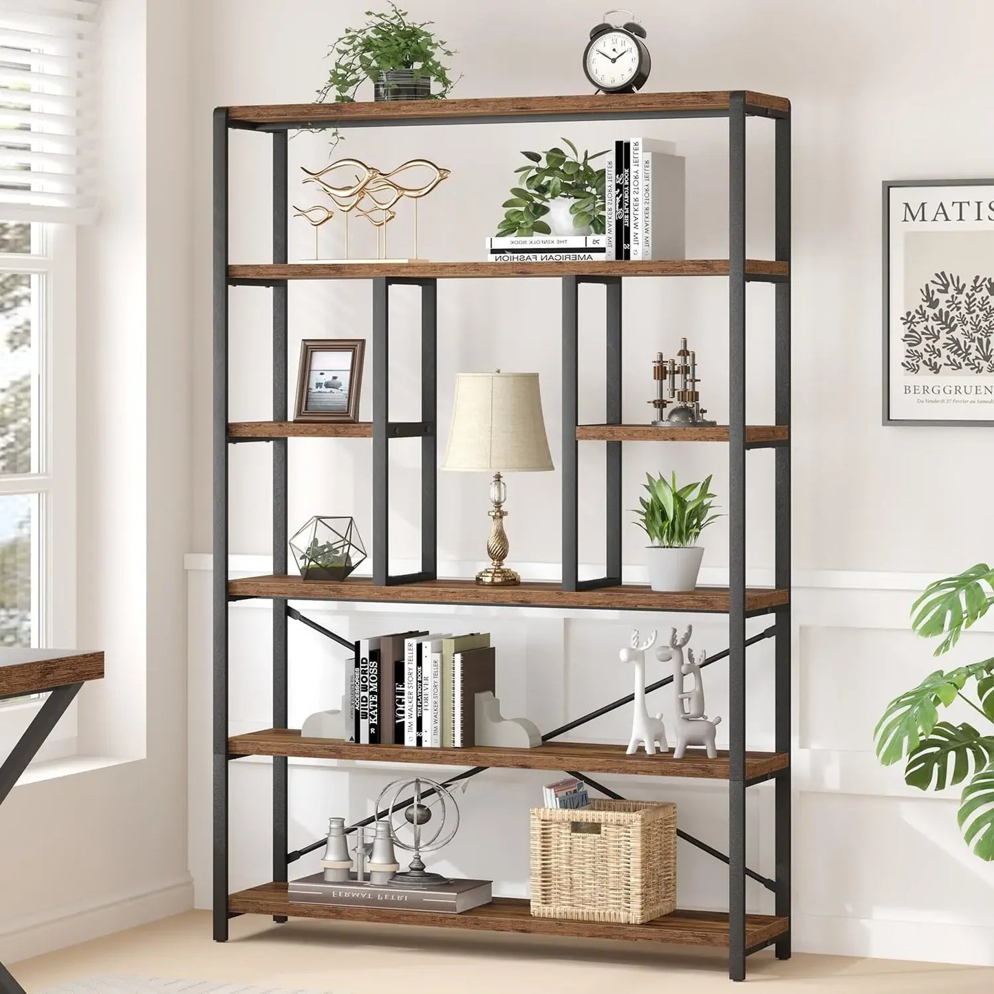 Tall Industrial Etagere Bookcase Modern Open 6 Tier Bookshelf Organizer