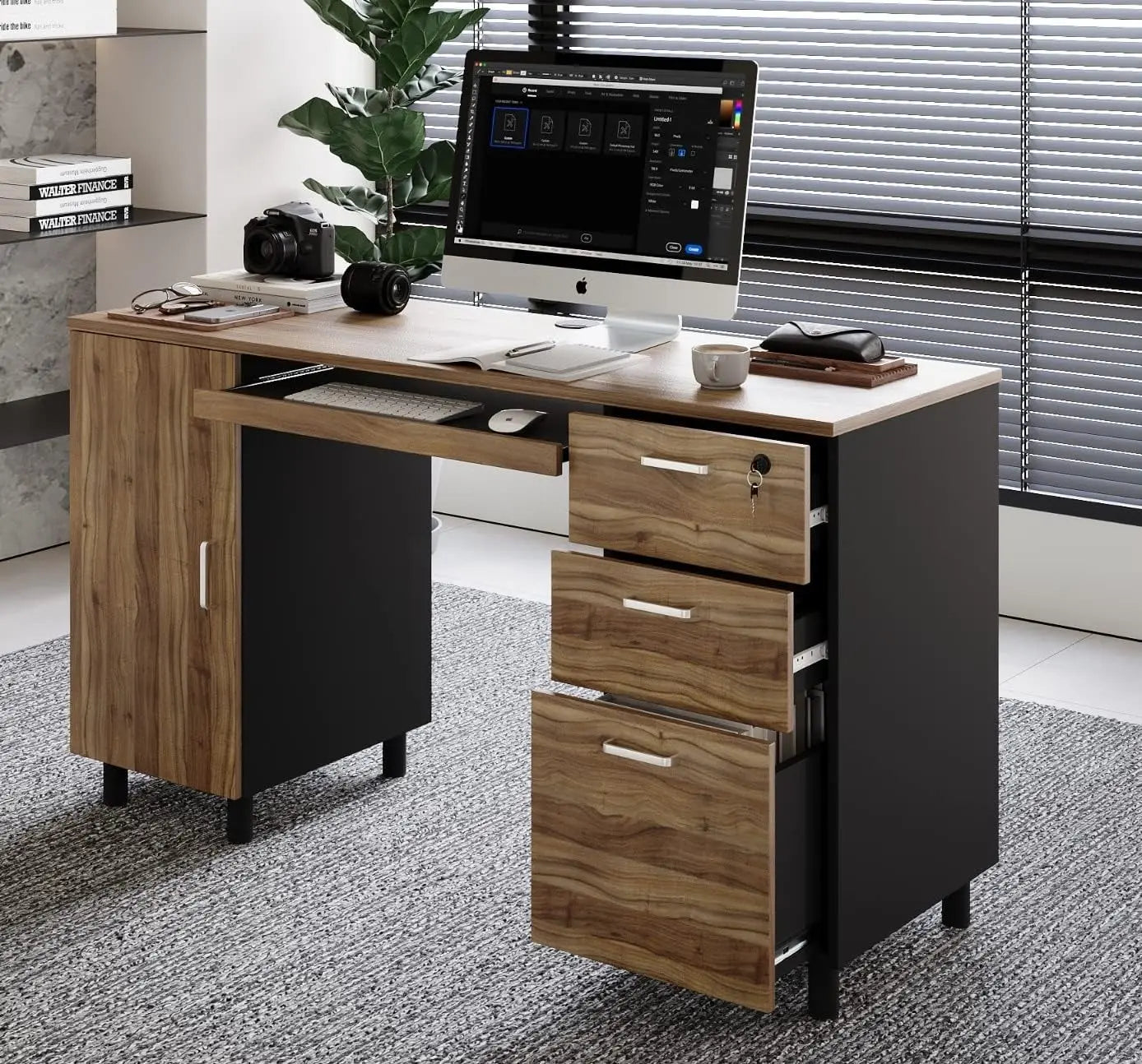 Modern Venice Computer Office Desk with Storage Cabinet and Drawers