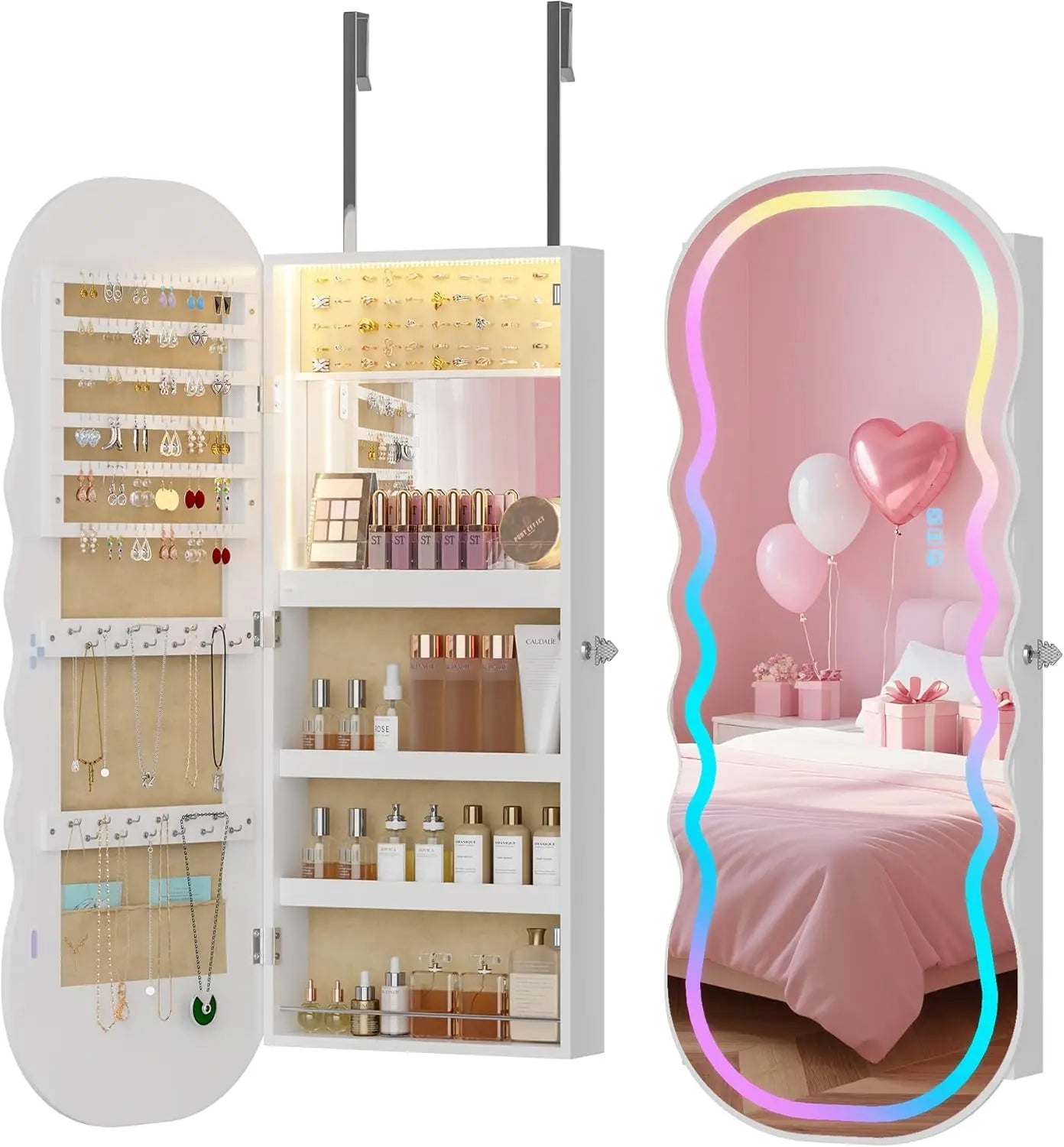 Jewelry Armoire with LED Lights Lockable Wavy Mirror Jewelry Organizer