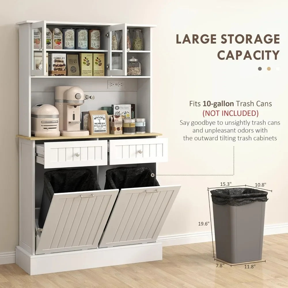 68 Inch Kitchen Pantry Storage Cabinet with Charging Station and Trash Can