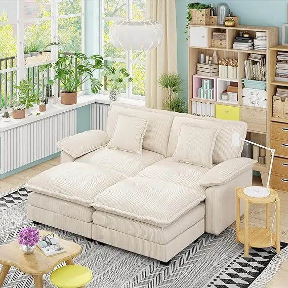 Comfy Corduroy Modular Sectional Couch with Ottoman 113" Cloud Cushion