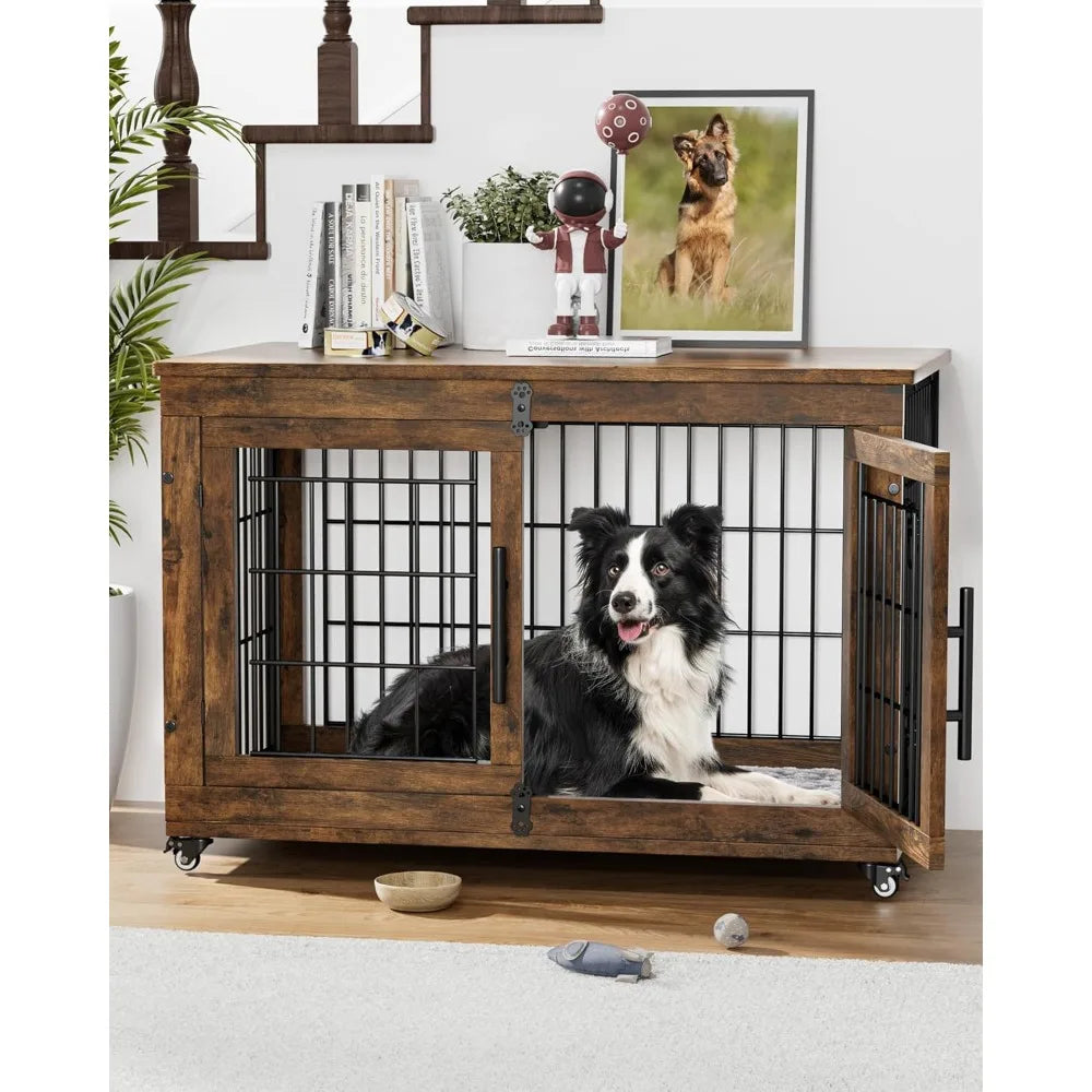 Ljustra Dog Crate Furniture with Cushion Set of 2 Large Wooden Kennel