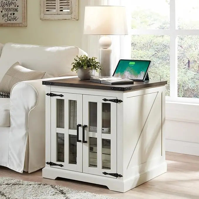 Farmhouse End Table with Charging Station Rustic Nightstand 24 Inch
