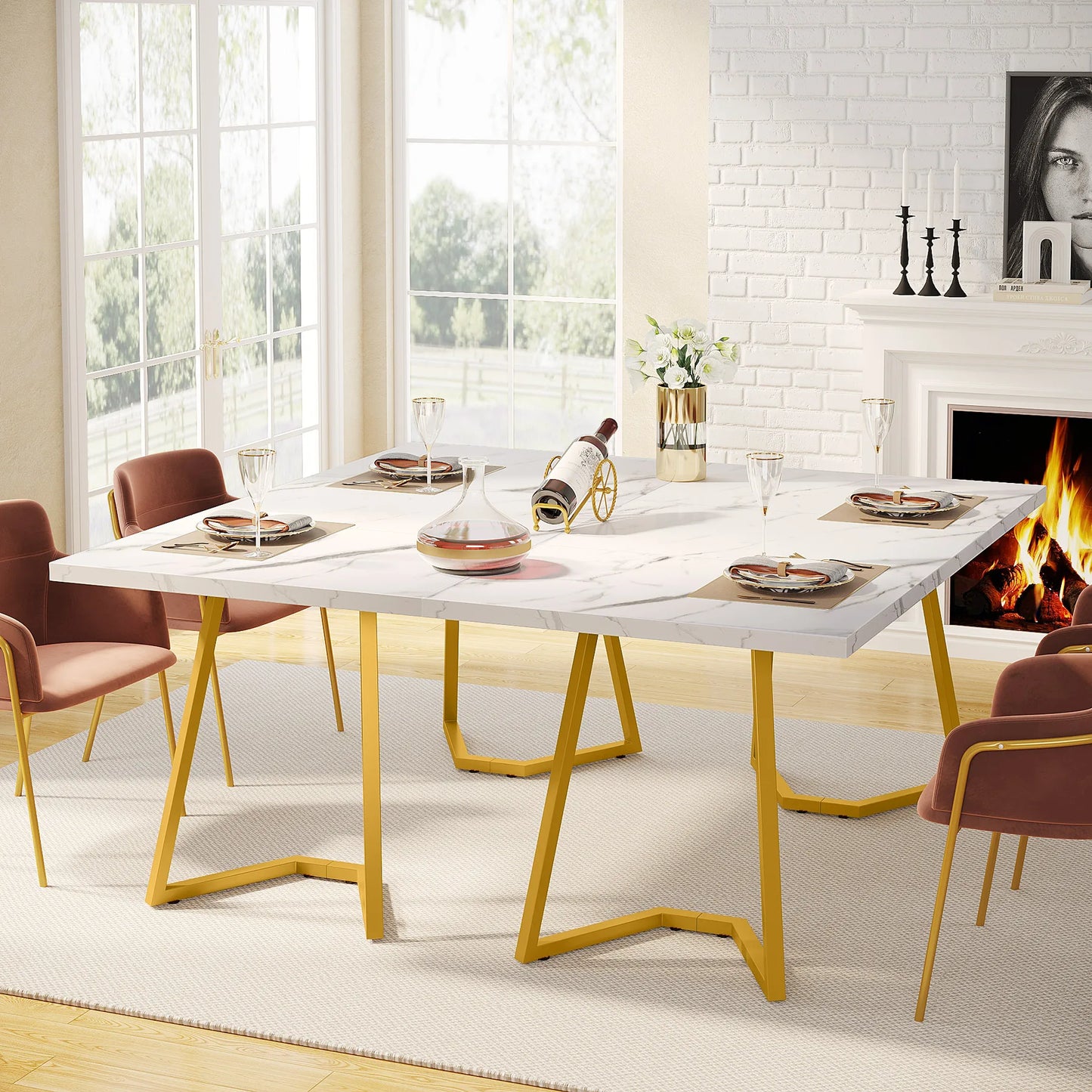 Ljustra 63 Inch Dining Table Rectangular Kitchen Faux Marble Modern Design