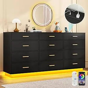 12 Drawer Dresser with Power Outlet LED Lights Storage Chest