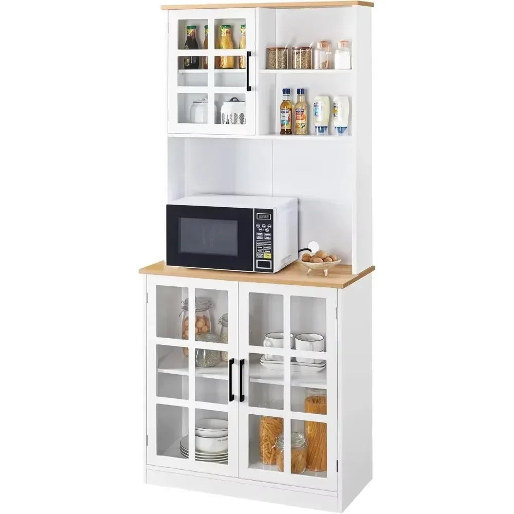 Kitchen Pantry Storage Cabinet 72'' Freestanding Buffet Cupboard Glass Doors