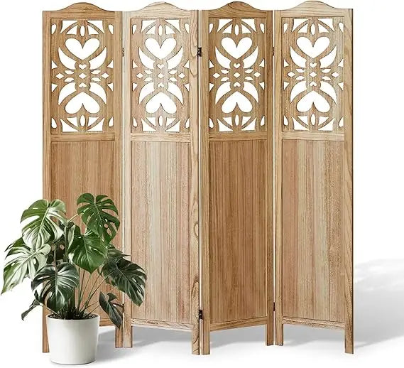4 Panel Wood Carved Room Divider Folding Privacy Screen 5.6FT Tall
