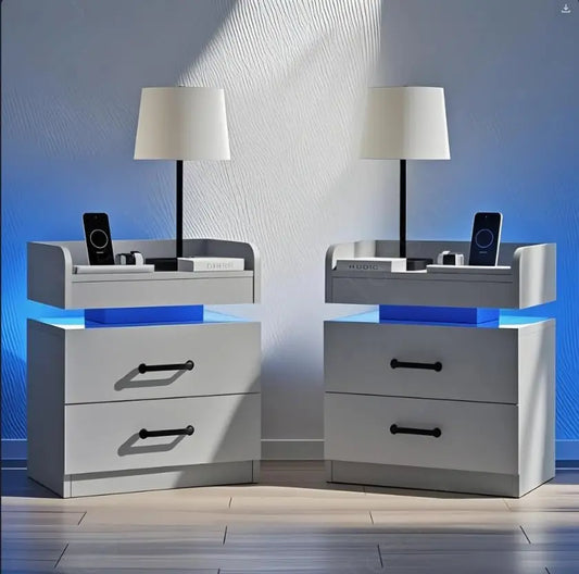 Nightstand with Charging Station LED Lights Modern End Table Set of 2