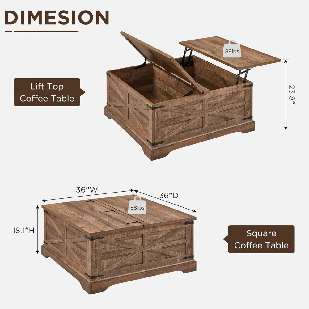 Farmhouse Lift Top Coffee Table with Hidden Storage Rustic Design