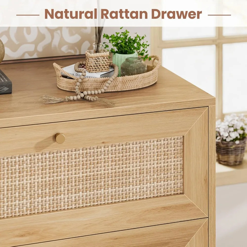 Rattan Nightstand with Charging Station 3 Large Drawers Boho Style