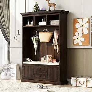 Modern Shoe Rack Bench Hall Tree Entryway Coat Rack 3-in-1 Storage