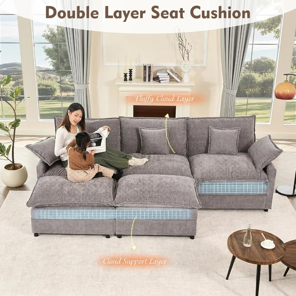 108" U-Shaped Modular Sectional Sofa Deep Seat Chenille Cloud Couch w/ Ottoman
