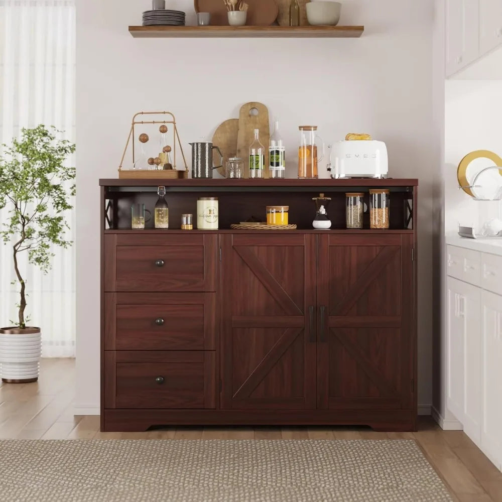 47 Inch Dark Brown Farmhouse Storage Cabinet with Barn Doors and Drawers