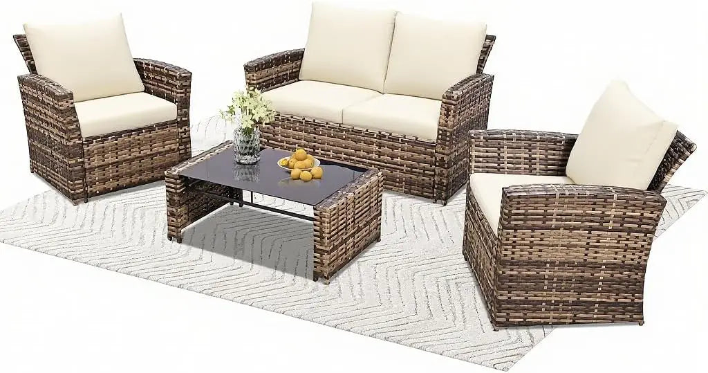 4 Piece Wicker Outdoor Patio Furniture Set Sectional Sofa with Table