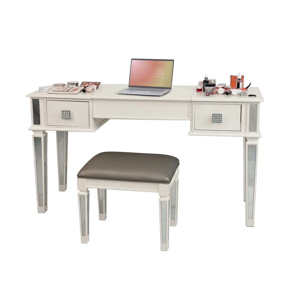 Luxury Mirrored Vanity Desk Set with Stool and Drawer Storage for Bedroom
