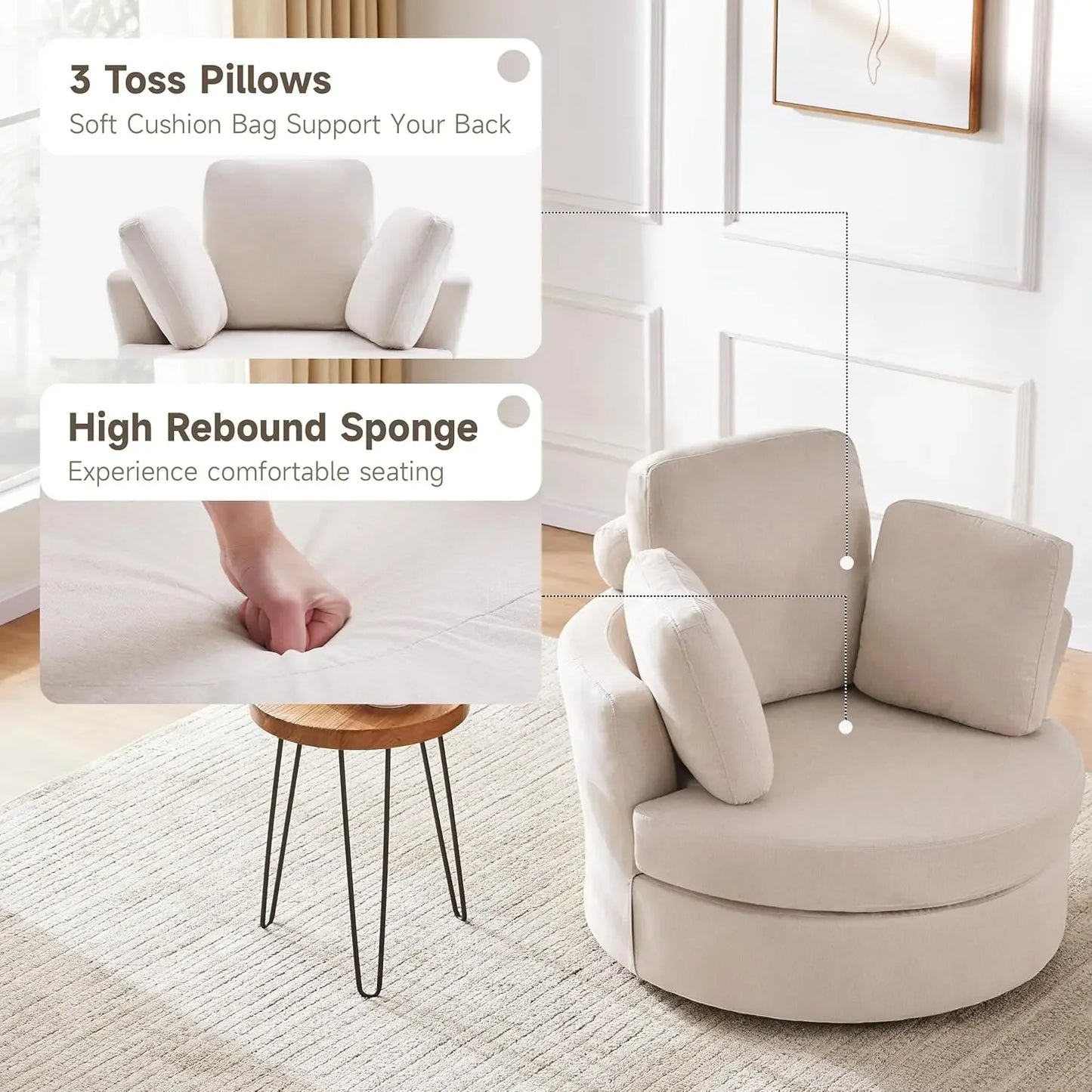 39 Inch Swivel Accent Barrel Chair Chaise Lounge with Neck Support Pillow