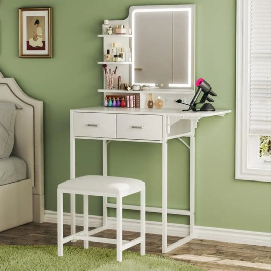 Makeup Vanity Desk with Foldable Panel Mirror Light and Storage