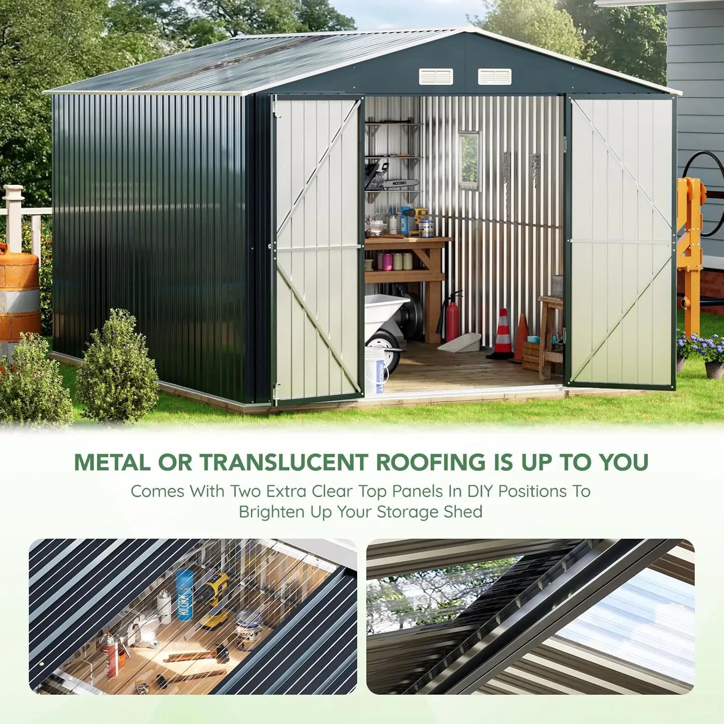 10X12 Outdoor Steel Storage Shed Lockable Doors Windows Transparent Roof