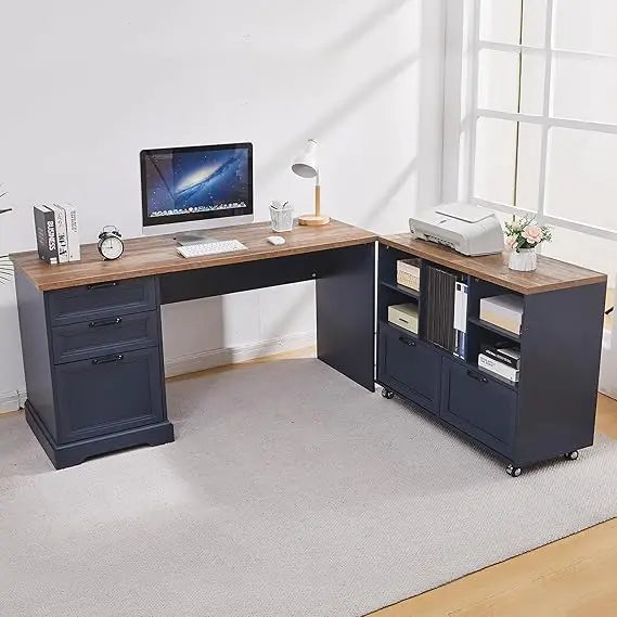 60 Inch L Shaped Executive Desk with File Cabinet and Charging Station