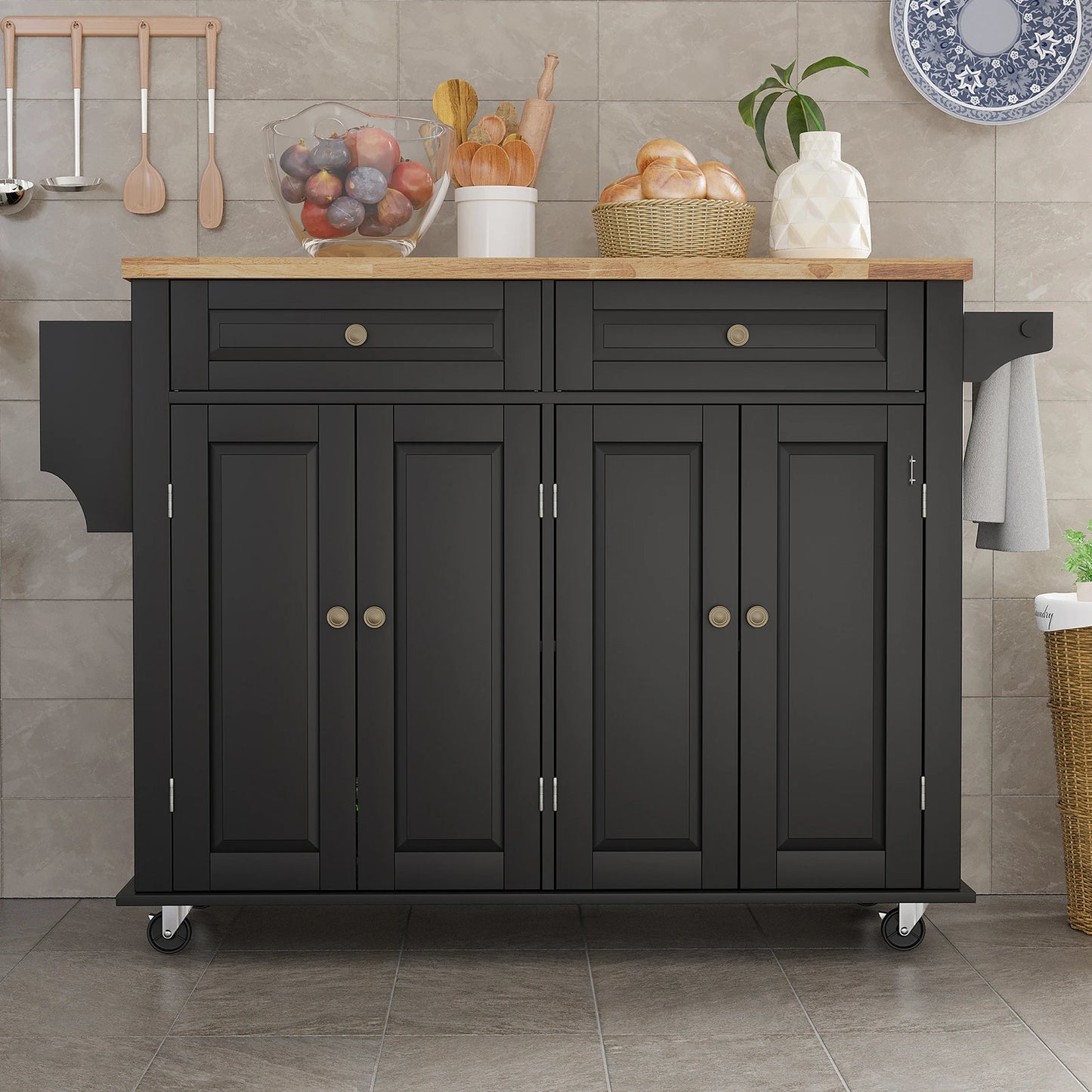 Rolling Kitchen Island on Wheels with Drop Leaf Storage Cabinet