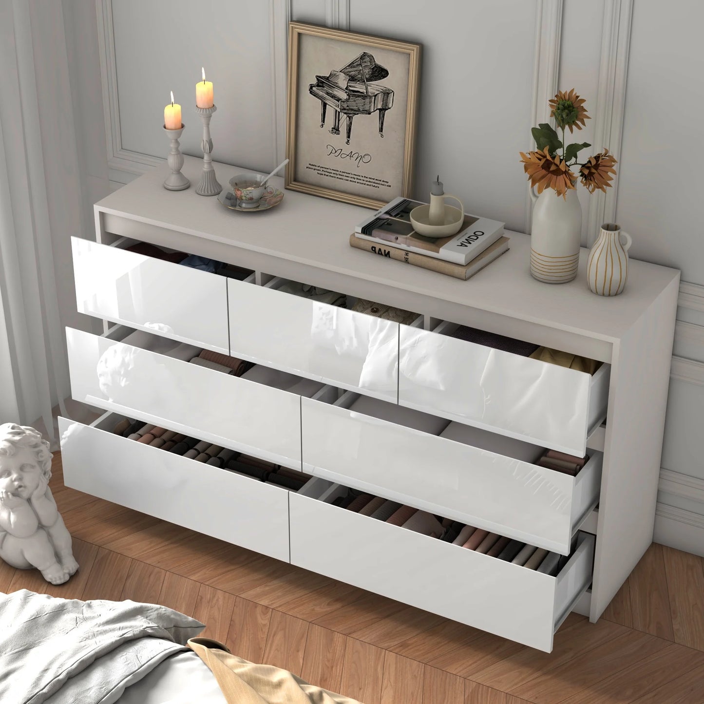 Modern 7 Drawer Dresser Spacious Storage High Gloss Bedroom Furniture